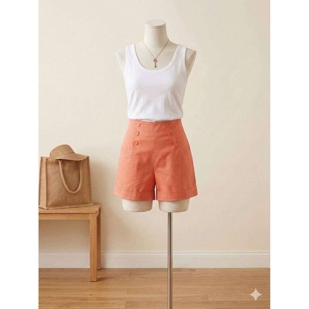 New York & Company Coral Pink High Waist Sailor Shorts Button Front Size 4‎